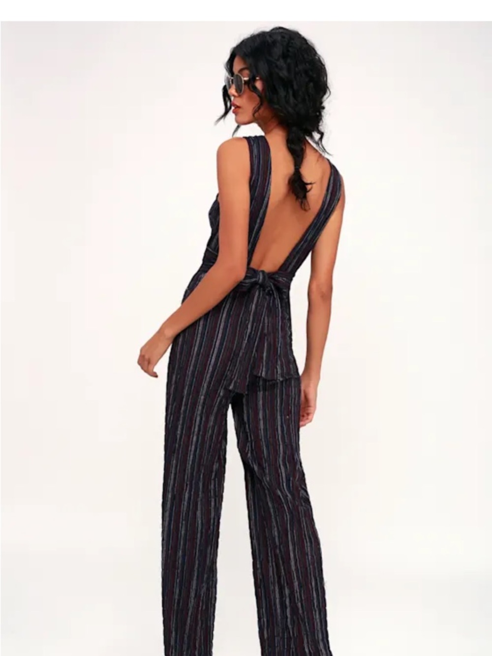 Moon River Katherine 
Navy Blue Multi Stripe Backless Jumpsuit